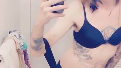 Cute girl in suspenders shows her underwear while masturbating - 15 image