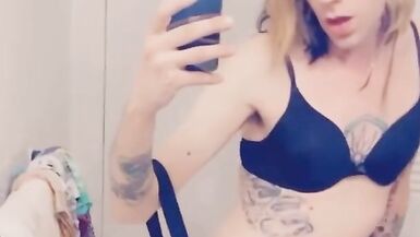 Cute girl in suspenders shows her underwear while masturbating - 5 image