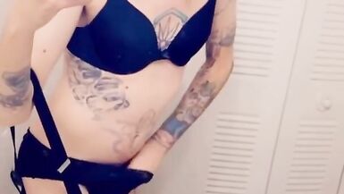 Cute girl in suspenders shows her underwear while masturbating - 6 image