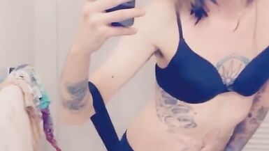 Cute girl in suspenders shows her underwear while masturbating - 9 image