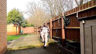 amateur crossdresser kelly cd masturbating in silver pantyhose and heels - 2 image