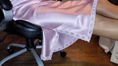 Long cream lined office skirt with Pink satin half slip - 1 image