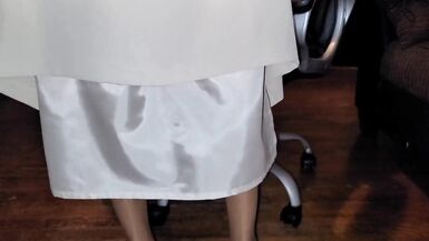 Long cream lined office skirt with Pink satin half slip - 2 image