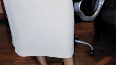 Long cream lined office skirt with Pink satin half slip - 9 image