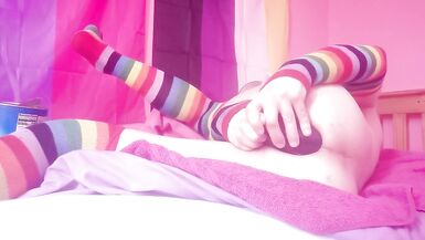 Cute femboy gets her butt fucked and gaped by a big knot dildo! - 5 image