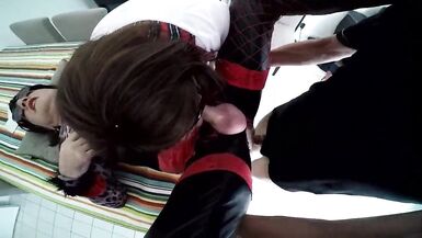 Mature latex shemale take a cock on the table - 14 image