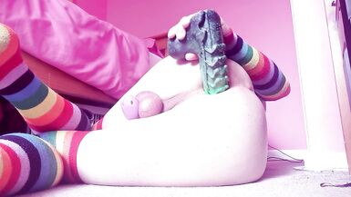 Sissy femboy in chastity taking big dildos in her ass and trying and sissygasm - 14 image