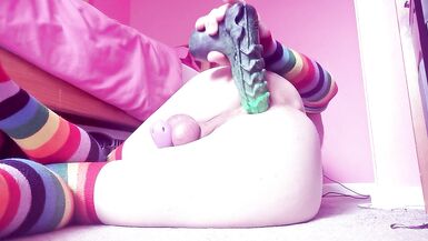Sissy femboy in chastity taking big dildos in her ass and trying and sissygasm - 15 image