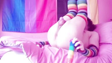 Sissy femboy in chastity taking big dildos in her ass and trying and sissygasm - 5 image