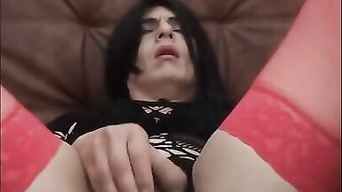 beautiful shemale in sexy fishnet enjoys masturbating with dildos in her ass - 11 image