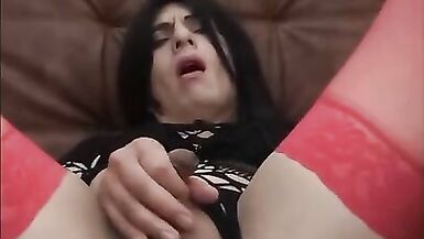 beautiful shemale in sexy fishnet enjoys masturbating with dildos in her ass - 12 image