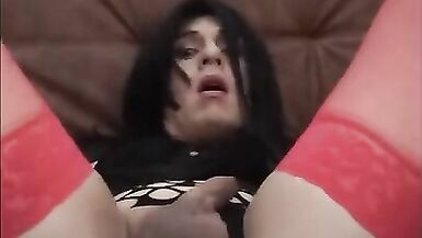 beautiful shemale in sexy fishnet enjoys masturbating with dildos in her ass - 8 image