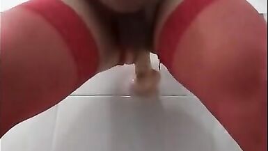 Sexy shemale in red lingerie has fun with dildos and masturbate herself - 12 image