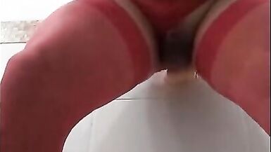 Sexy shemale in red lingerie has fun with dildos and masturbate herself - 3 image