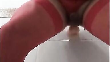 Sexy shemale in red lingerie has fun with dildos and masturbate herself - 4 image