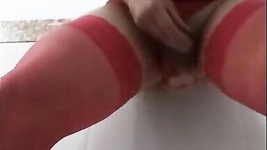 Sexy shemale in red lingerie has fun with dildos and masturbate herself - 8 image