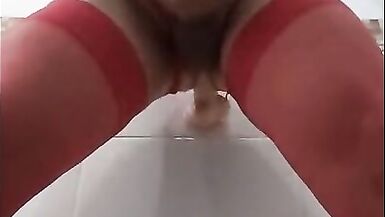 Sexy shemale in red lingerie has fun with dildos and masturbate herself - 9 image