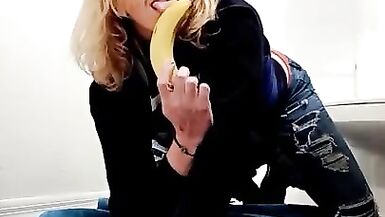 Trans girl cums hands free deep throats banana - 2 image