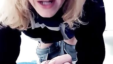 Trans girl cums hands free deep throats banana - 3 image