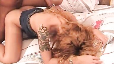 Sexy Spanish shemale takes a stiff dick up her ass, gets a hot load