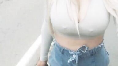 Sissyjenny88 Amateur Crossdresser Huge Big Tits Sissy Complete Alone-Outdoor Walk at Day Huge G-Cup Tits see trough - 2 image