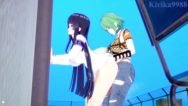 Ikaruga and Hikage have intense futanari sex on a deserted rooftop. - Senran Kagura Hentai - 5 image