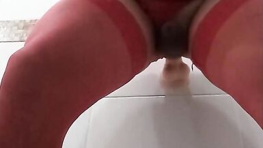 Sexy shemale in red lingerie enjoys dildos and masturbates - 3 image