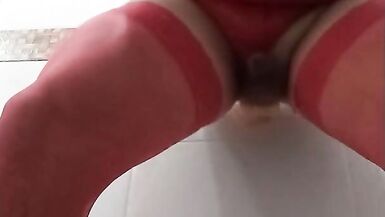 Sexy shemale in red lingerie enjoys dildos and masturbates - 4 image