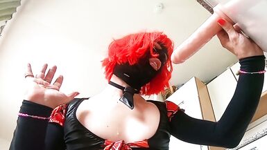 slutty french sissy in skirt and tights talking hot and sucking big dildo deepthroat - 12 image