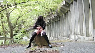 Skirtless kinky masturbatory ejaculation and lewd urination in the forest - 10 image