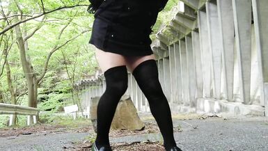 Skirtless kinky masturbatory ejaculation and lewd urination in the forest - 2 image