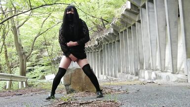 Skirtless kinky masturbatory ejaculation and lewd urination in the forest - 5 image