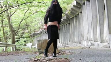 Skirtless kinky masturbatory ejaculation and lewd urination in the forest - 7 image