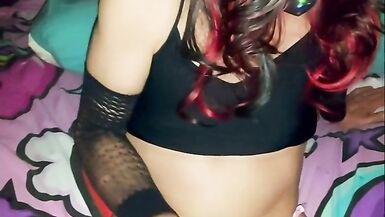 Black nighty and pink stockings cumscene - 3 image