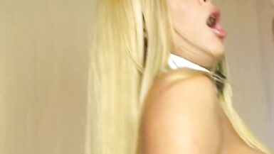 Transsexual blonde gets blowjob in bed from guy before fucks - 15 image