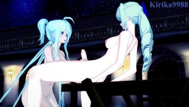 Cagliostro and Saint-Germain have intense futanari sex at the pool at night. - Symphogear Hentai - 2 image