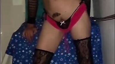 Pink shorts and black gstring stroking to cum in my bathroom - 3 image