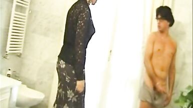 Shemale in black lingerie jerks off while fucked hard on the sink - 2 image