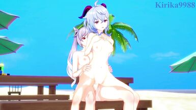 Ganyu and Keqing have intense futanari sex on the beach. - Genshin Impact Hentai - 8 image