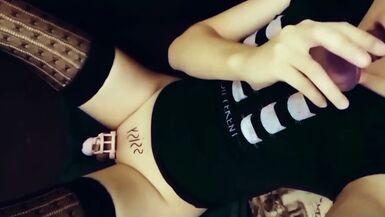 Caged Femboy Slut Fucked By Dildo And Eats Her Own Cum! - 1 image