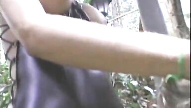 Shemale slut in kinky latex outfit gets pounded outdoors by a stud - 4 image