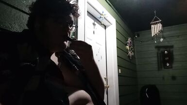 fat ftm smokes and eats outside - 10 image