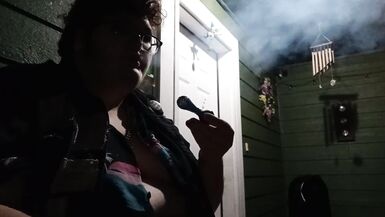 fat ftm smokes and eats outside - 4 image