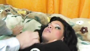 Slutty ladyboy in stockings cums all over herself  after fucking - 2 image