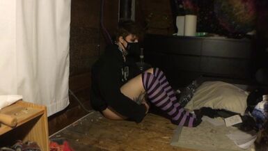 leashed femboy in chastity plays with vibrator - 1 image