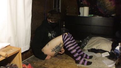 leashed femboy in chastity plays with vibrator - 15 image