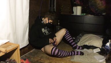 leashed femboy in chastity plays with vibrator - 6 image