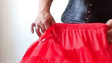 E-cup Cross dressers Eva Red Corset stripe maturation cumshot - 8 image