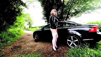 crossdresser kellycd out for Saturday morning drive and masturbating outdoor in black pvc dress and white stockings - 11 image