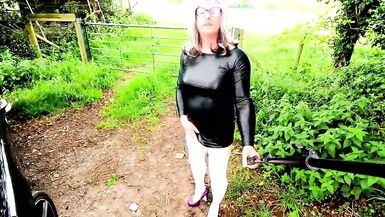 crossdresser kellycd out for Saturday morning drive and masturbating outdoor in black pvc dress and white stockings - 7 image